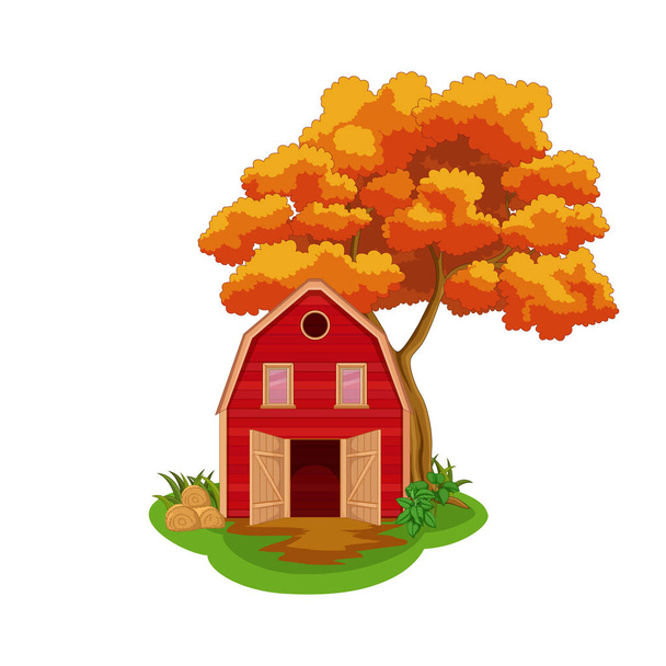 Vector illustration of Autumn background with yellow trees and farmhouse field - Vector, Image