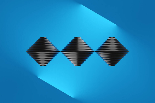 3d ilustración de 3 juguetes whirligig negro en una fila sobre un fondo azul. Figura geométrica inusual. - Foto, Imagen