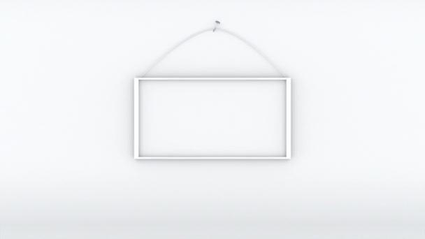 Sala blanca generada por computadora con borde blanco. 3d representación de fondo con marco vacío colgando de un clavo. - Imágenes, Vídeo