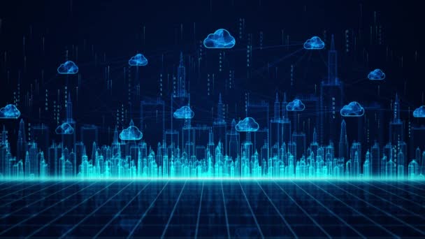 Cyfrowe miasto i chmura obliczeniowa wykorzystujące sztuczną inteligencję, szybka analiza danych połączeń 5g. Połączenia cyfrowej sieci danych i globalne tło komunikacyjne. - Materiał filmowy, wideo
