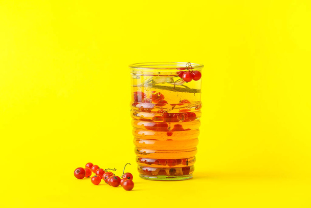 Egy pohár friss mojito koktél piros ribizli színes háttér - Fotó, kép