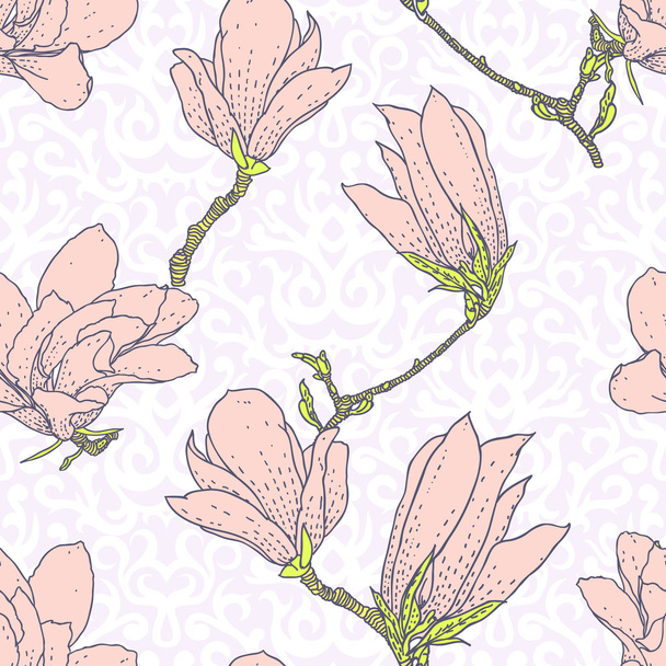 Vintage vector pattern with pink magnolia flowers - Vetor, Imagem
