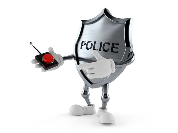 Персонаж полицейского значка нажимает кнопку на белом фоне. 3d иллюстрация - Фото, изображение
