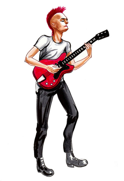 Punk musician playing electric guitar. Ink and watercolor drawing - Photo, Image