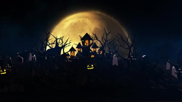 Halloween achtergrond met spookkasteel, spook, vleermuizen en pompoenen, graven, bij mistige nacht griezelig met fantastische grote maan in de lucht. 3D animatie weergegeven in 4K - Video