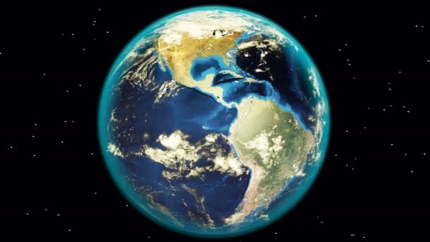 Video komputerowe renderowanie stylizowanej kuli ziemskiej w kosmosie obraca się na ciemnym tle - Materiał filmowy, wideo