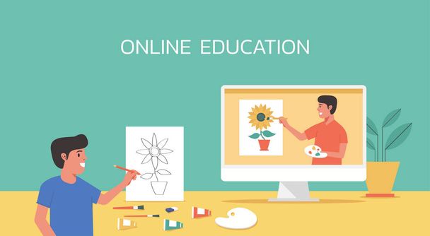 online művészeti osztály, online oktatási koncepció, távolsági tanulás otthonról, férfi tanár mutatják a tanuló festészet készség videohívás a számítógépen, lapos illusztráció - Vektor, kép
