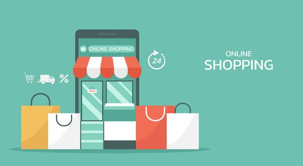 smartphone προβολή μπροστινό ψηφιακό κατάστημα με την τσάντα αγορών, online αγορές για την έννοια της εφαρμογής για κινητά, εικονίδιο, web, και banner, επίπεδη απεικόνιση - Διάνυσμα, εικόνα