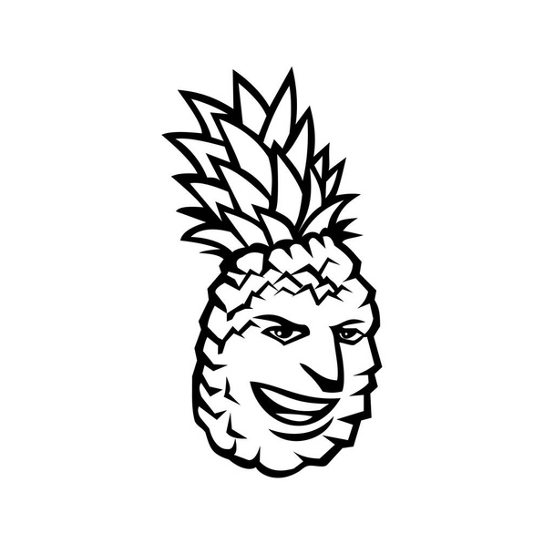 Mascotte d'ananas ou Ananas comosus, une plante tropicale aux fruits comestibles de la famille des Bromeliaceae, heureuse, souriante, souriante sur fond isolé dans un style rétro noir et blanc. - Vecteur, image