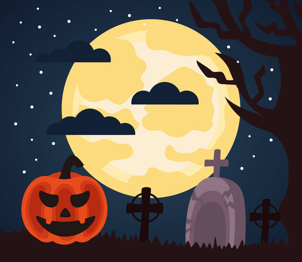 onnellista halloween juhla kurpitsa hautausmaa yö kohtaus - Vektori, kuva