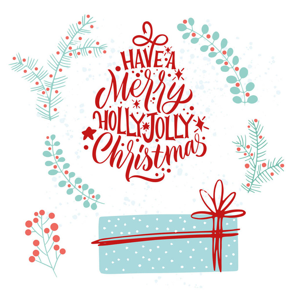 Have a Merry Holly Jolly Christmas. Gift and fir branches around. Great lettering for greeting cards, stickers, banners, prints and home interior decor. Xmas card. Happy new year 2021. - ベクター画像