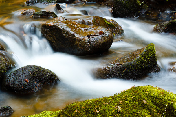 Quedas no pequeno rio de montanha em uma madeira tirada no outono
 - Foto, Imagem