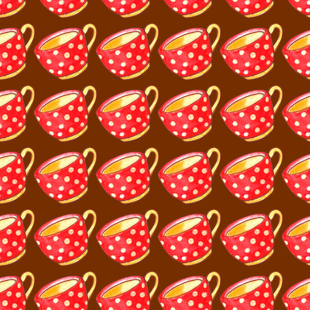 Seamless pattern with red polka dot cups. Watercolor Background and texture with Mugs from hot drink. Hand drawn kitchen supplies. Perfect for packaging, home decoration, textile, menu, cafe. - Φωτογραφία, εικόνα