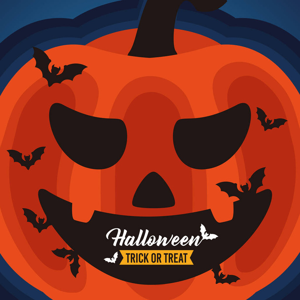 fröhliche Halloween-Feier Schriftzug mit Kürbis und Fledermäusen fliegen - Vektor, Bild