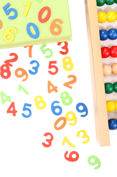 Colorful numbers, abacus, books and markers, isolated on white - Foto, Imagem
