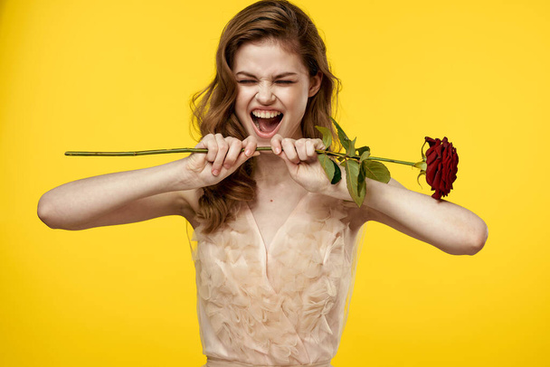 Mukava tyttö punainen ruusu keltaisella taustalla rajattu näkymä tunne malli - Valokuva, kuva