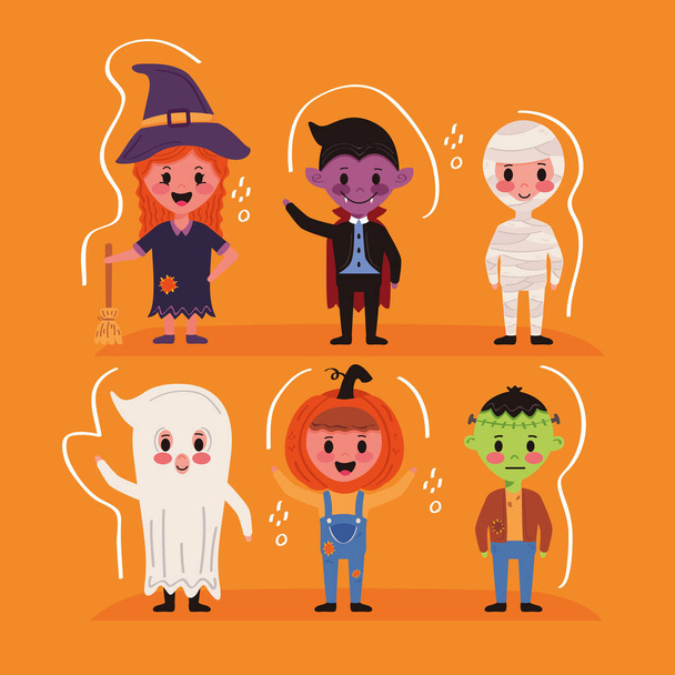 crianças de grupo pequeno com personagens trajes halloween - Vetor, Imagem