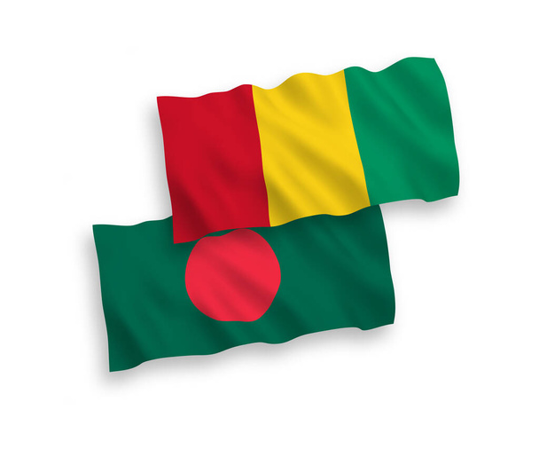 National vector fabric wave flags of Guinea and Bangladesh isolated on white background. 1 to 2 proportion. - Vector, Image