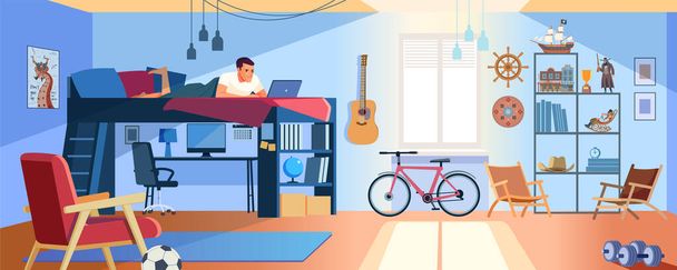 Student Learning Online at Home. Young Teen lying at bunk bed, Looking at Laptop and Studying. Dormitory room interior. Online Education Concept. Stay at home. Cartoon style Vector Illustration - Vector, Image