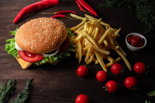 juicy hamburger with French fries - Photo, Image