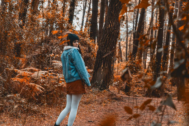 Sonbahar renklerinde bir ormanda mevsim kıyafetleriyle yürüyen genç bir kadın. - Fotoğraf, Görsel