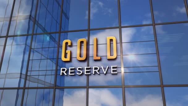 Gold reserve safe bank sign on glass building. Business safety system, economy, capital protection and finance security concept in 3D rendering animation. Mirrored sky and city on modern facade. - Footage, Video