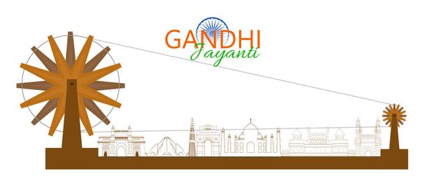 Σχεδιασμός αφίσας για την επέτειο των 2 Οκτωβρίου του Mahatma Gandhi με γυαλιά ματιών και charkha στοιχείο - Διάνυσμα, εικόνα