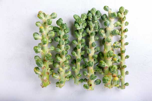 Fresh raw organic brussels sprouts stalks on white background. Top view, flat lay, copy space. - Photo, Image