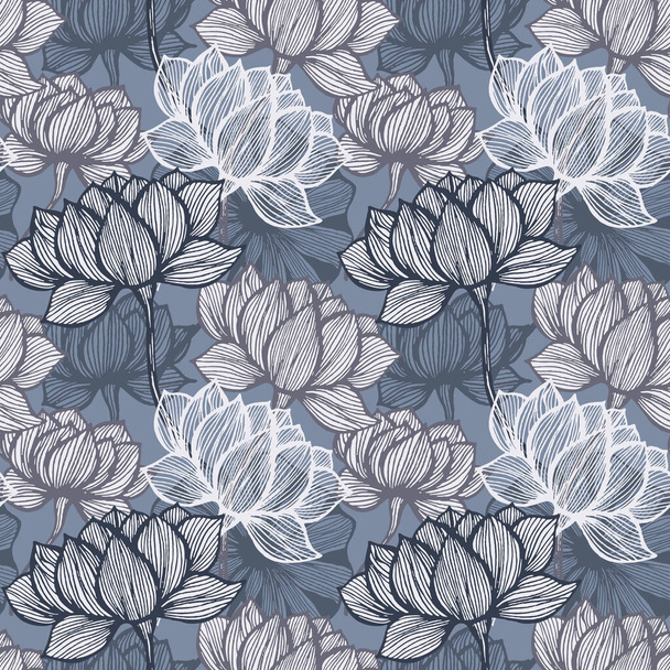 Blue and grey art deco flower pattern. Flower gold line art. Vector floral background. - Vector, Image
