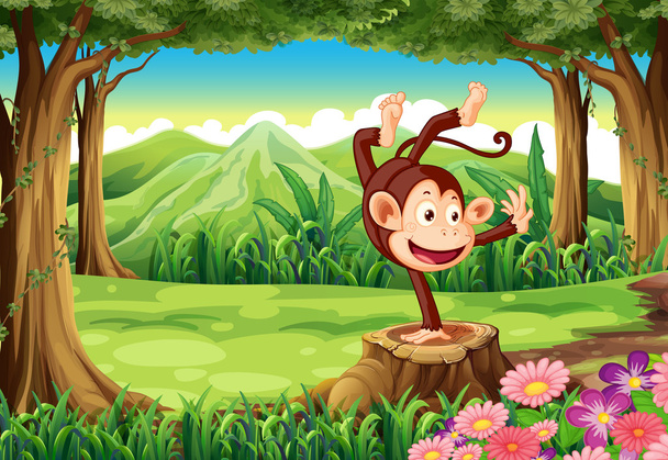 een speelse aap boven de stomp in de buurt van de bomen - Vector, afbeelding