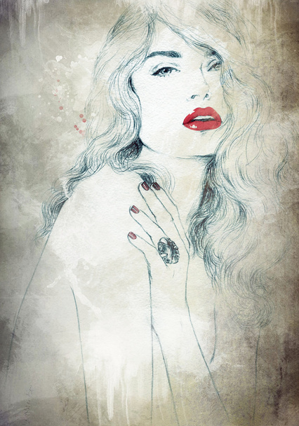 Beautiful woman face. watercolor illustration - Valokuva, kuva