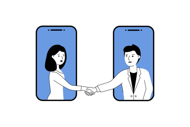 handshake via phones. concept of success, building strategy, web help, exchange of ideas, leadership offer or remote cooperate. conclusion contract between two characters. simple flat sign on white - Vector, Image