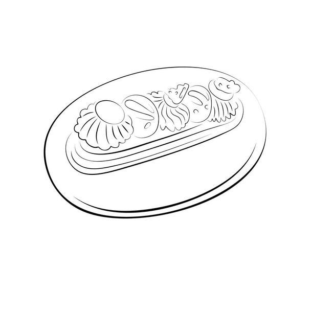 linear sketch eclair icon. concept of cute sweet glazed french traditional cream dessert. single black hand drawn sign isolated on white for menu of bakery, cafes, recipes, confectionery labels - Vetor, Imagem