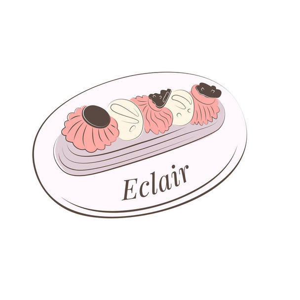 ライラックピンクのエクレアサイン。白に孤立したレトロな平手描きのステッカー。かわいい甘いフランスの伝統的なクリームデザートの料理のコンセプト。パン屋、カフェ、レシピ、お菓子のラベル - ベクター画像