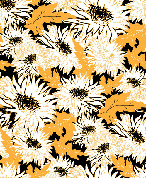 Outline and silhouette of Chrysanthemum freehand ornate vector seamless pattern. - Vektör, Görsel