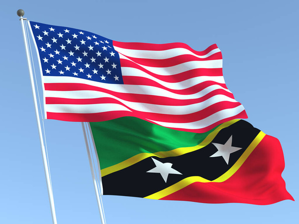 Dos banderas estatales ondeando de Estados Unidos y San Cristóbal y Nieves en el cielo azul. Fondo de negocio de alta calidad. ilustración 3d - Foto, imagen