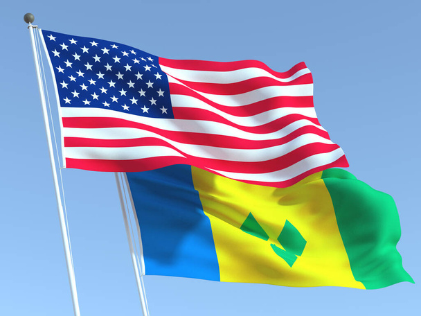 Dos banderas estatales ondeando de Estados Unidos y San Vicente y las Granadinas en el cielo azul. Fondo de negocio de alta calidad. ilustración 3d - Foto, imagen