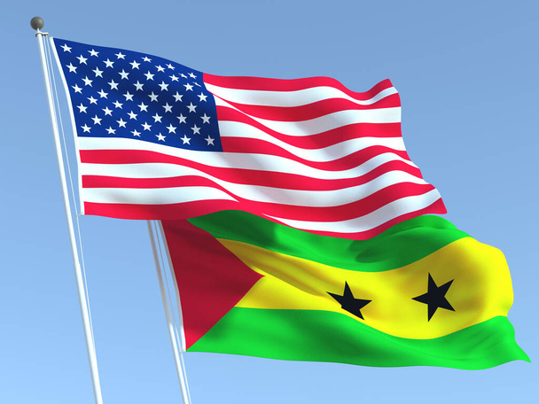 Dos banderas estatales ondeando de Estados Unidos y Santo Tomé y Príncipe en el cielo azul. Fondo de negocio de alta calidad. ilustración 3d - Foto, imagen
