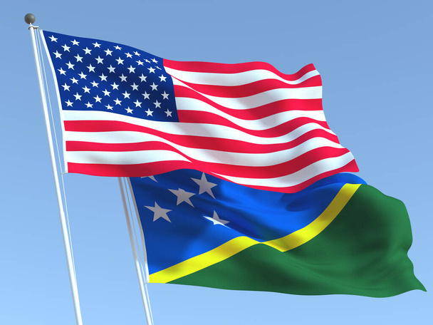 Dos banderas estatales ondeando de Estados Unidos y las Islas Salomón en el cielo azul. Fondo de negocio de alta calidad. ilustración 3d - Foto, imagen