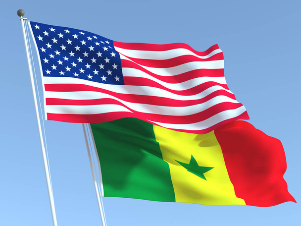 Два штатних прапори Сполучених Штатів і Сенегал на синьому небі. Високоякісне ділове минуле. 3d ілюстрація - Фото, зображення