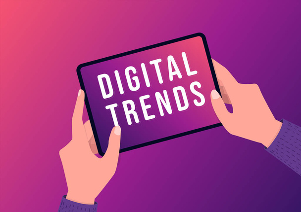 Hand holding tablet with Digital Trends text on screen. New trends digital marketing, business and technology concept. - Vector, Image