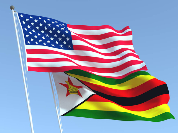 Dos banderas estatales ondeando de Estados Unidos y Zimbabue en el cielo azul. Fondo de negocio de alta calidad. ilustración 3d - Foto, imagen