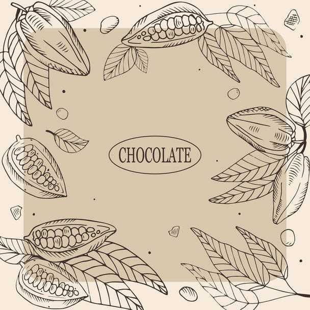 Concetto di cioccolato. Modello per menu, volantino, banner con fagioli di cacao. Illustrazione vettoriale in stile incisione. - Vettoriali, immagini