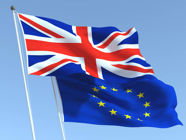 Zwei schwenkende Flaggen des Vereinigten Königreichs und der Europäischen Union am blauen Himmel. Hochwertiger geschäftlicher Hintergrund. 3D-Illustration - Foto, Bild