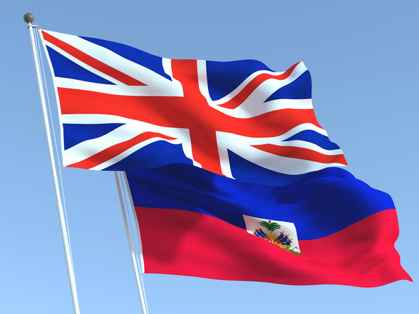 青い空にイギリスとハイチの2つの州旗を振っている。高品質のビジネス背景。3Dイラスト - 写真・画像