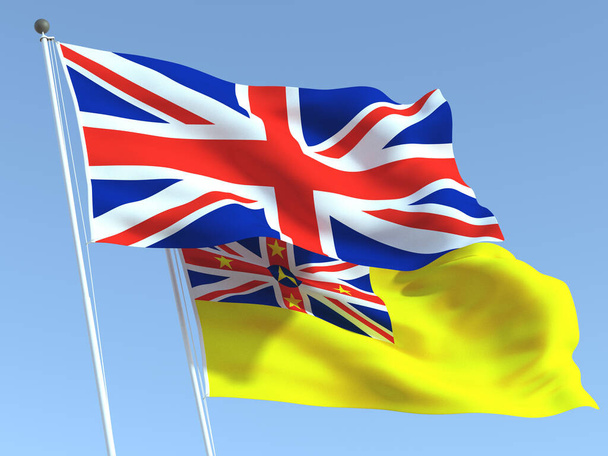 Dwie flagi stanowe Wielkiej Brytanii i Niue na błękitnym niebie. Wysokiej jakości doświadczenie biznesowe. Ilustracja 3D - Zdjęcie, obraz