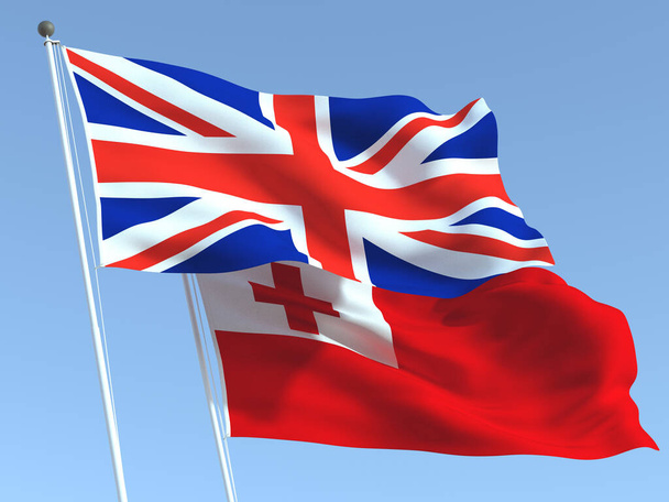 Zwei schwenkende Staatsflaggen Großbritanniens und Tongas am blauen Himmel. Hochwertiger geschäftlicher Hintergrund. 3D-Illustration - Foto, Bild