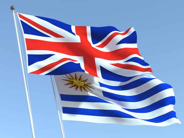 Zwei schwenkende Staatsflaggen Großbritanniens und Uruguays am blauen Himmel. Hochwertiger geschäftlicher Hintergrund. 3D-Illustration - Foto, Bild
