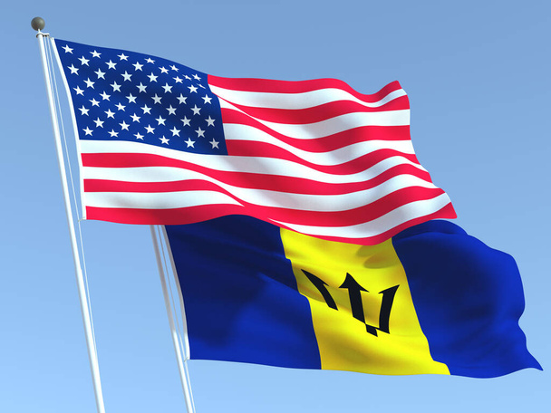 Deux drapeaux des États-Unis et de la Barbade sur le ciel bleu. Une expérience professionnelle de haute qualité. Illustration 3d - Photo, image