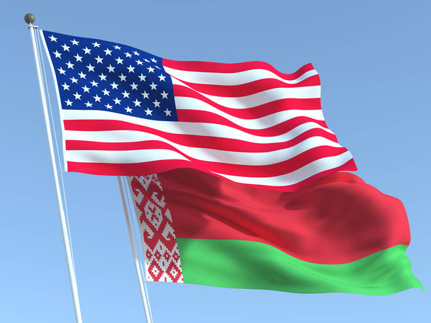 Twee zwaaiende staatsvlaggen van de Verenigde Staten en Wit-Rusland aan de blauwe hemel. Hoogwaardige zakelijke achtergrond. 3d illustratie - Foto, afbeelding